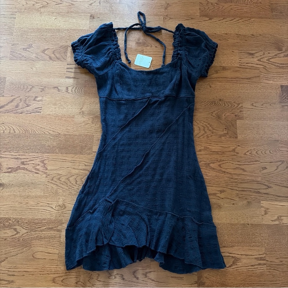 NWT Free People Elle Mini Dress Endless Summer Square Neck Puff Sleeve Black S